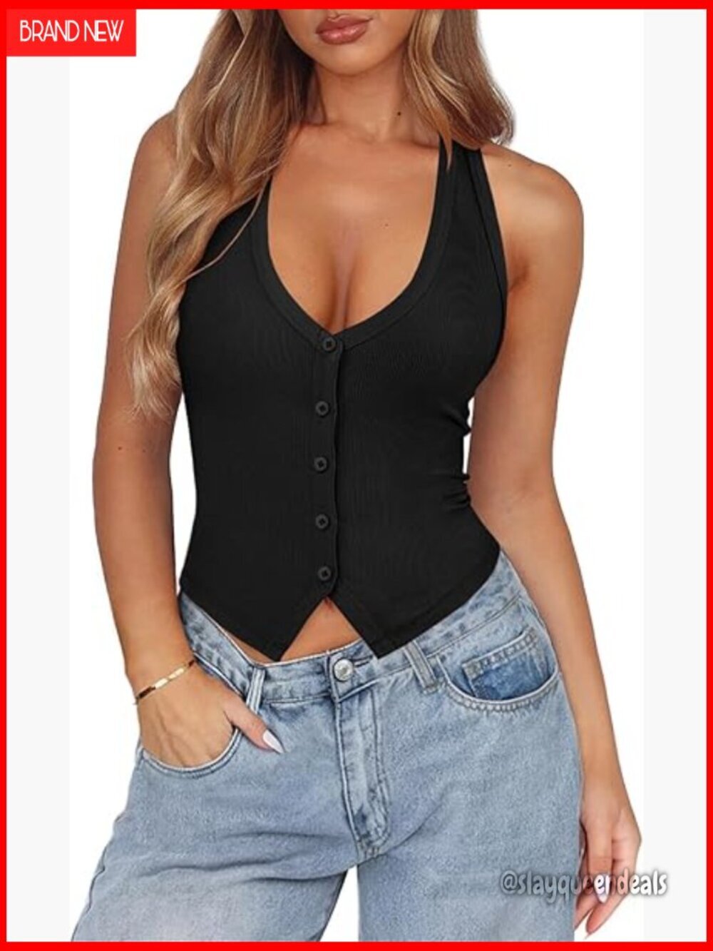 Ribbed Button Down Halter Tank Top Slim Fit Crop Vest Summer